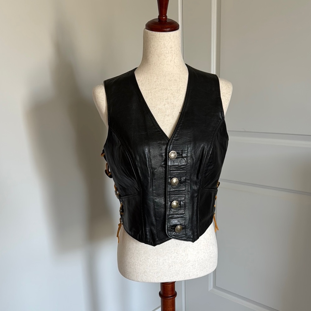 Kelly’s Leather Works 100% Leather Black Vest Buffalo Nickel Concho size 12 - Picture 2 of 10